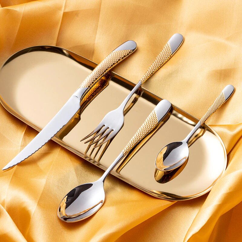 Ferran Gold Silver 18/10 Stainless Steel Cutlery Set with Diagonal Textured Handle - Venetto Design Venettodesign.com