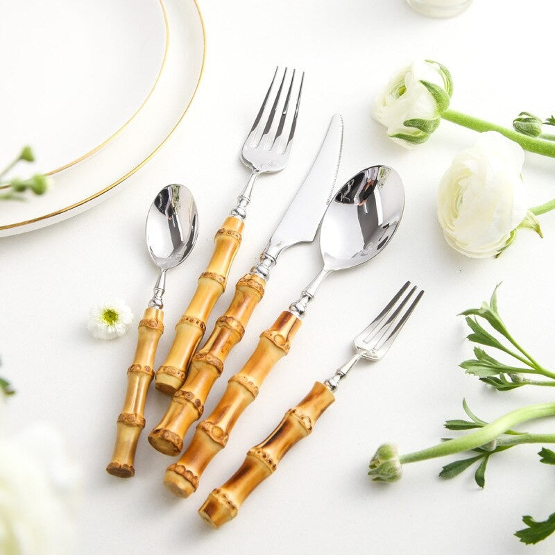 Arashiyama Natural Bamboo Handle 18/10 Stainless Steel Cutlery Set - Venetto Design Venettodesign.com