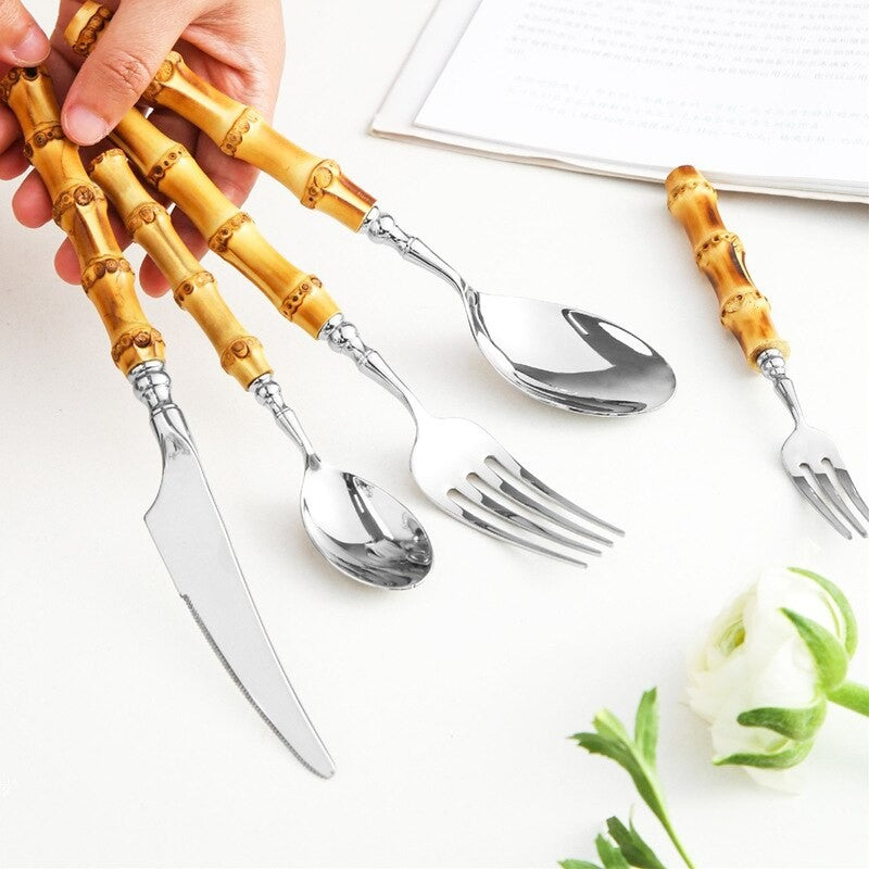 Arashiyama Natural Bamboo Handle 18/10 Stainless Steel Cutlery Set - Venetto Design Venettodesign.com
