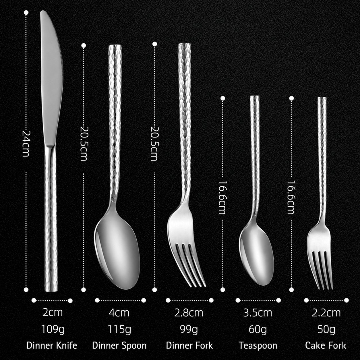 Elle Silver 18/10 Stainless Steel Cutlery Set with Hammered Handle - Venetto Design Venettodesign.com