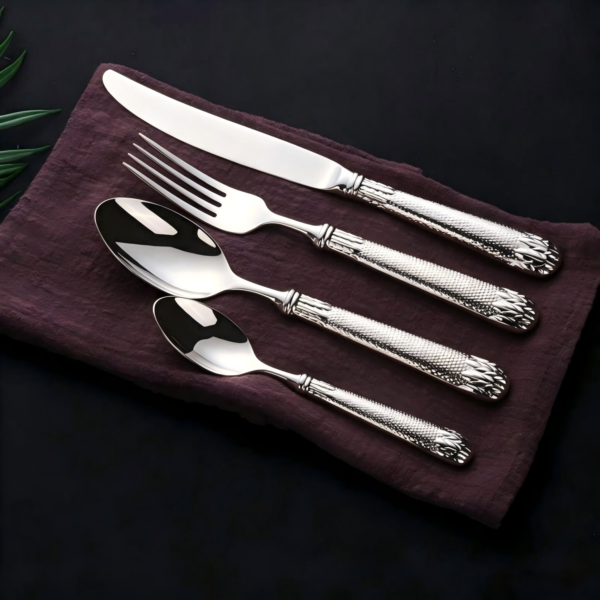 Elnoora Silver Luxury Engraved 18/10 Stainless Steel Cutlery Set with Guilloché Handle - Venetto Design Venettodesign.com