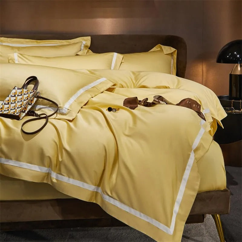Brisa Gold Contrasting Hotel Stripe Bedding Set Duvet Cover Set - Venetto Design Double / Flat Sheet / 2 Pillowcases Venettodesign.com