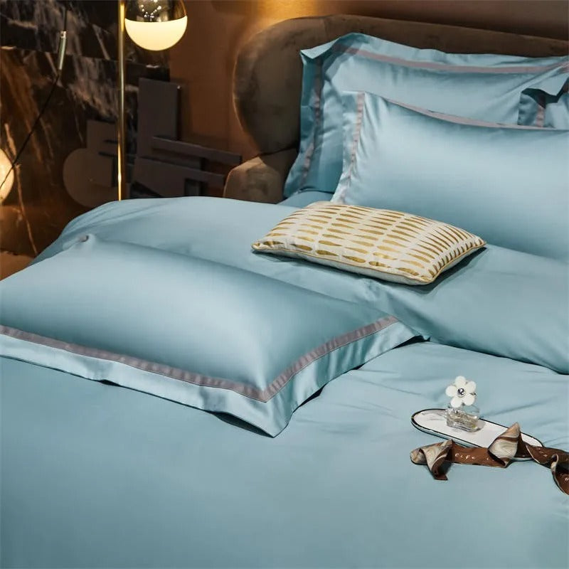 Brisa Pastel Blue Contrasting Hotel Stripe Bedding Set