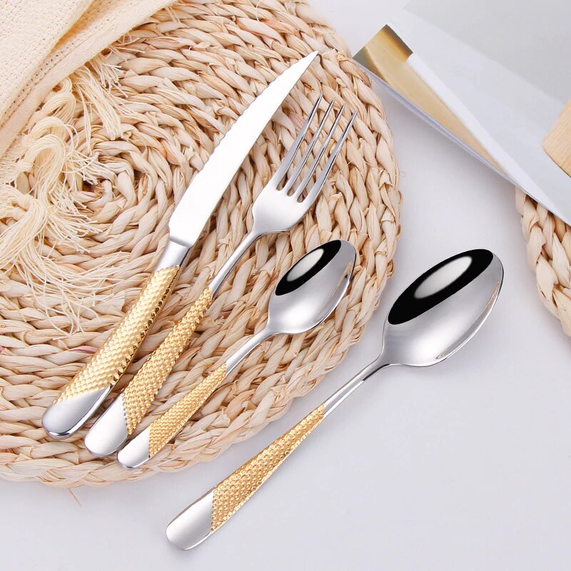 Ferran Gold Silver 18/10 Stainless Steel Cutlery Set with Diagonal Textured Handle - Venetto Design Venettodesign.com