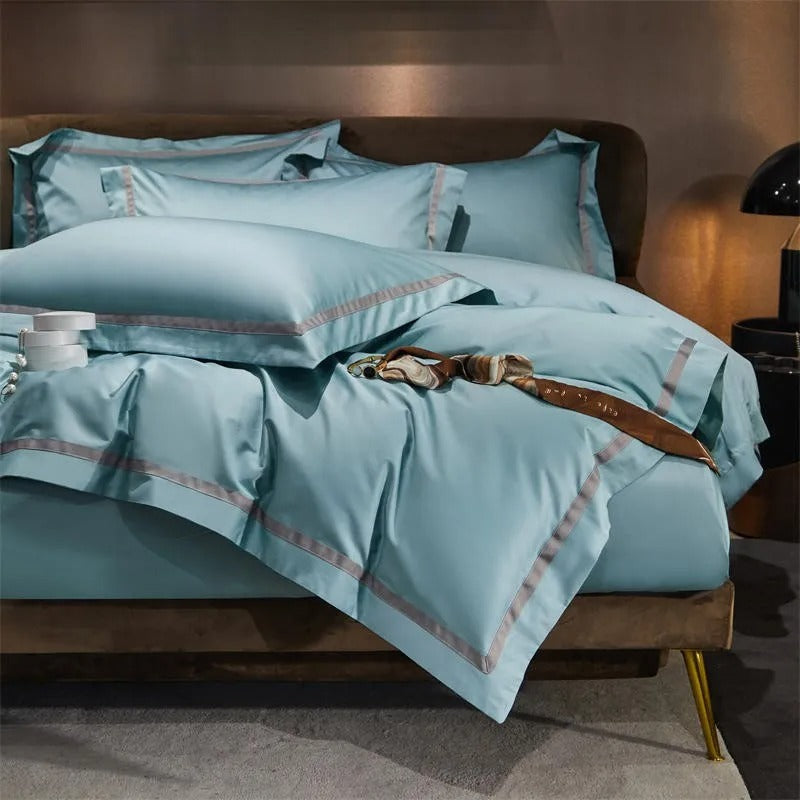 Brisa Pastel Blue Contrasting Hotel Stripe Bedding Set