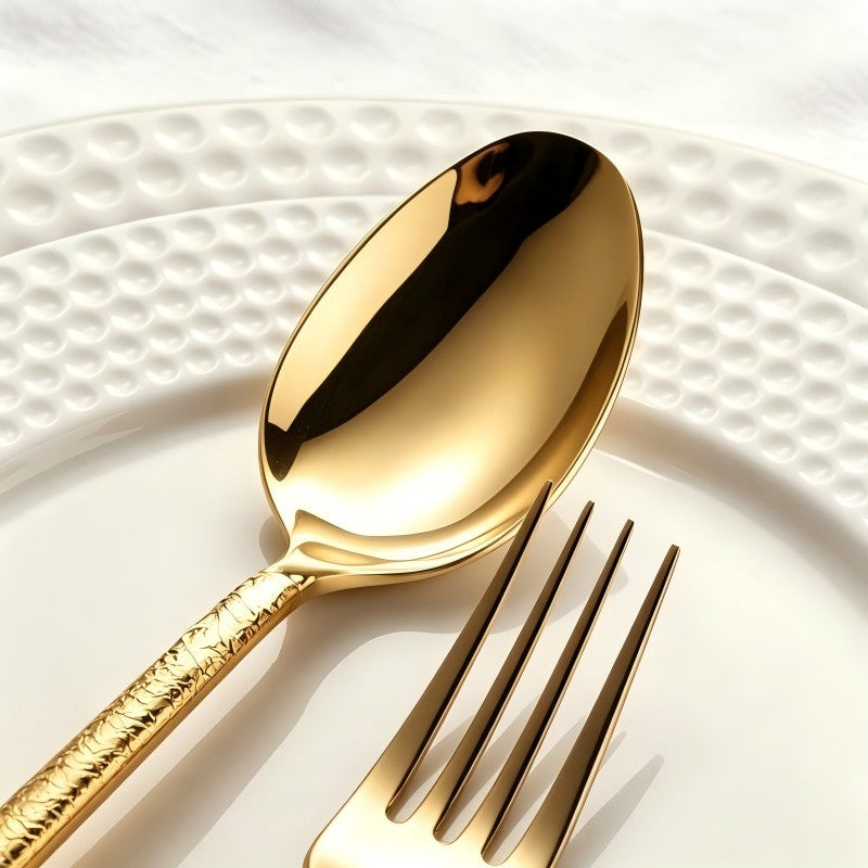 Aurora Gold 18/10 Stainless Steel Cutlery Set with Hammered Handle Flatware - Venetto Design Venettodesign.com