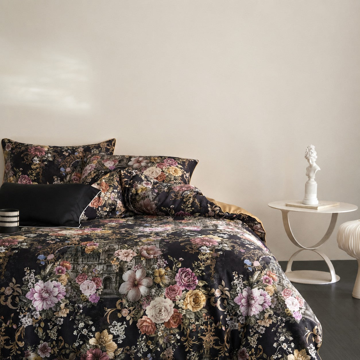 Cryria Midnight Garden Botanical Luxury Egyptian Cotton Duvet Cover Set with Floral, Baroque and European Architectural Print - Venetto Design Venettodesign.com