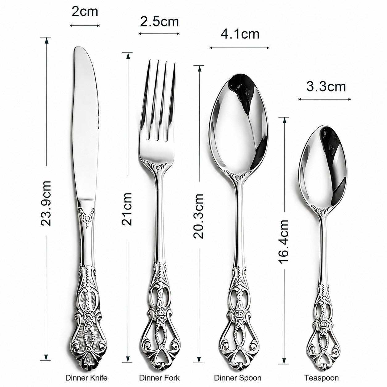 Dalia Silver 18/10 Stainless Steel Cutlery Set with Baroque-Inspired Handle Flatware and Box Case - Venetto Design Venettodesign.com