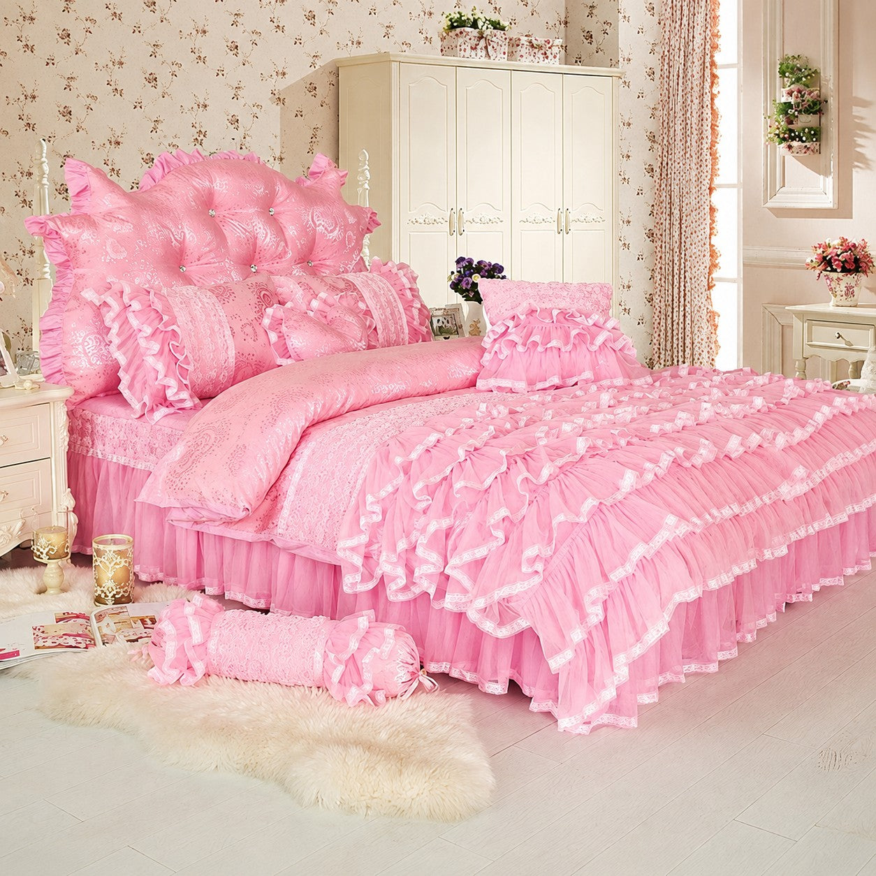 Aaliyah Romantic French Cottage Triple Layered Ruffled Cotton Lace Duvet Cover Set with Bed Skirt - Venetto Design Venettodesign.com