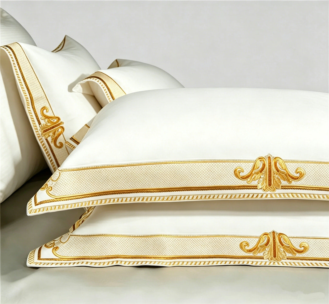 Anahi White Luxury Egyptian Cotton Duvet Cover Set with Gold Embroidery Border Motif - Venetto Design Venettodesign.com