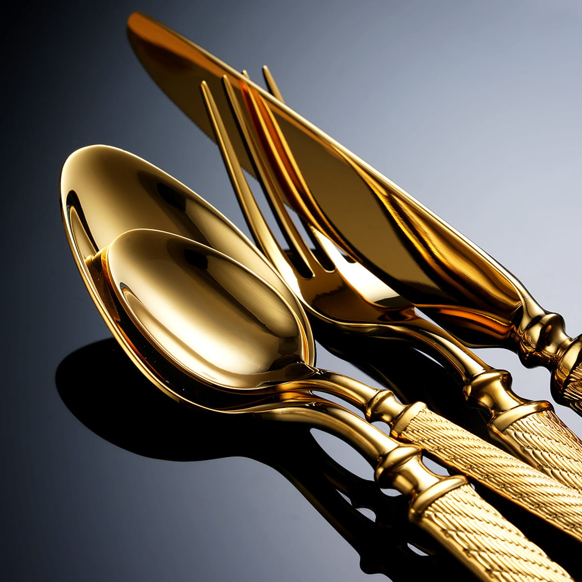 Realm Gold Luxury 18/10 Stainless Steel Cutlery Set with Crosshatched Handle - Venetto Design Venettodesign.com