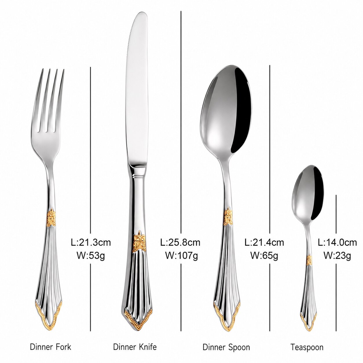 Orla Two-Tone Gold Silver Luxury 18/10 Stainless Steel Cutlery Set with Fluted Handle and Ornate Accent - Venetto Design 24 Pieces Venettodesign.com
