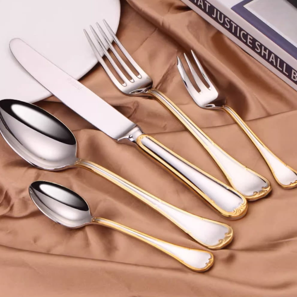 Selena Silver Luxury 18/10 Stainless Steel Cutlery Set with Gold Edge Handle - Venetto Design Venettodesign.com