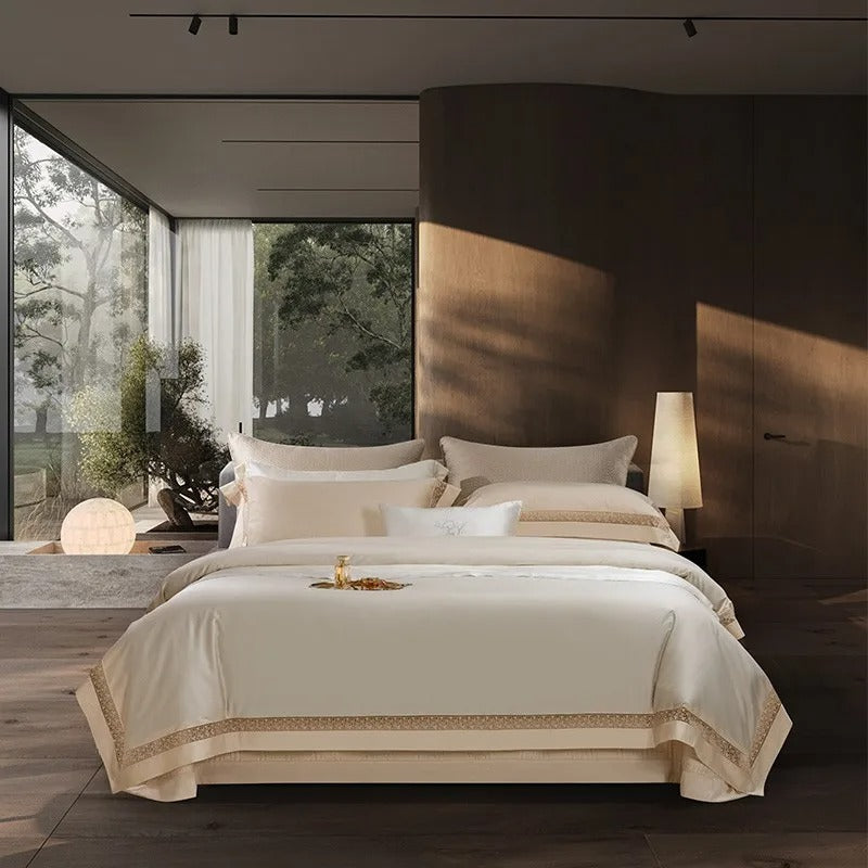 Elysium Beige Egyptian Cotton Bedding Set Duvet Cover Set - Venetto Design Double / Flat Sheet / 2 Pillowcases Venettodesign.com