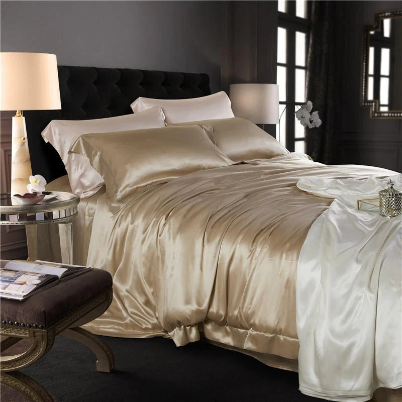 Eloise Leather Beige Luxury Pure Mulberry Silk Bedding Set Duvet Cover Set - Venetto Design Venettodesign.com