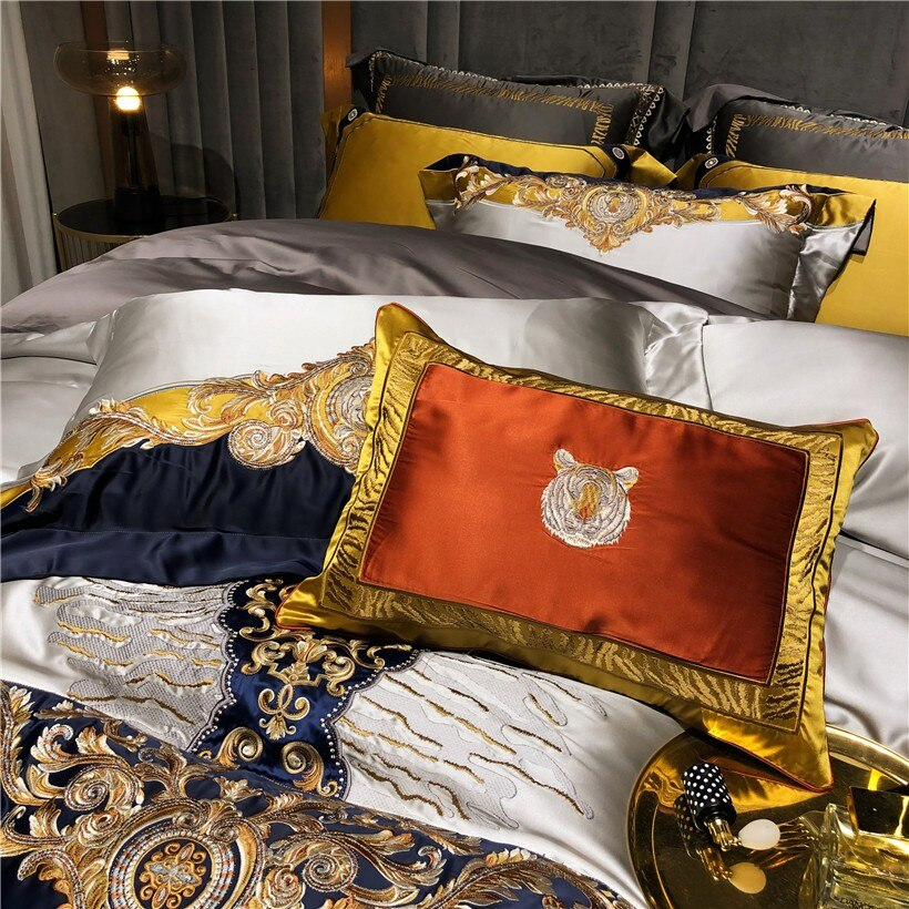 Daniella Gold Damask Embroidered Satin Egyptian Cotton Duvet Cover Set Duvet Cover Set - Venetto Design Venettodesign.com