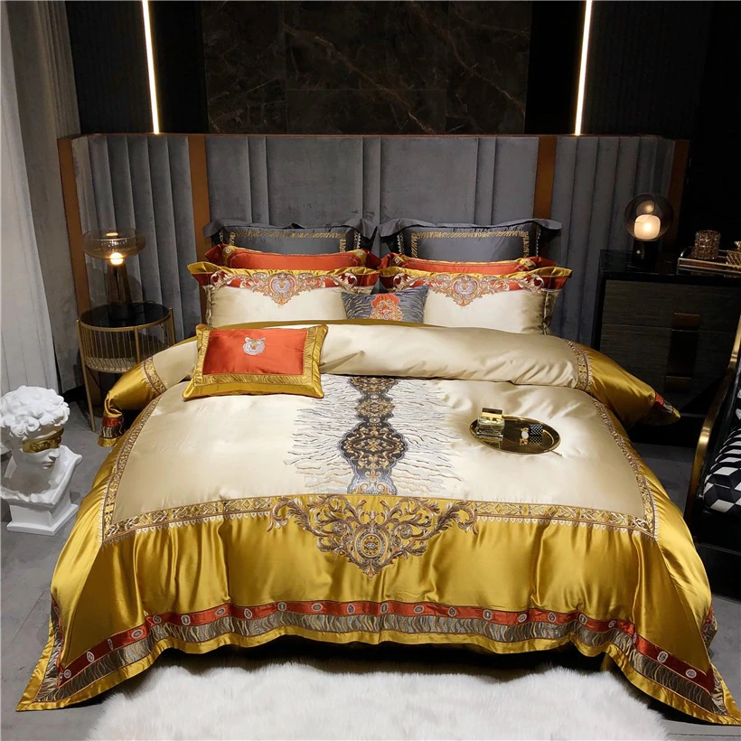 Daniella Gold Damask Embroidered Satin Egyptian Cotton Duvet Cover Set Duvet Cover Set - Venetto Design Queen | 4 Pieces Venettodesign.com