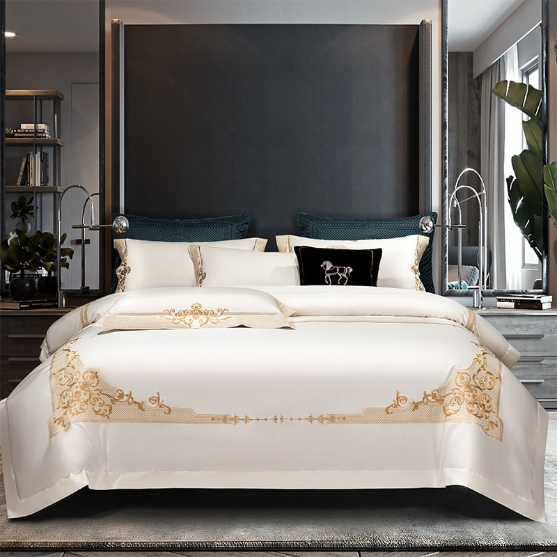 Cleopatra White Luxury Egyptian Cotton Duvet Cover Set Duvet Cover Set - Venetto Design Queen / Flat Sheet / 4 Pieces Venettodesign.com