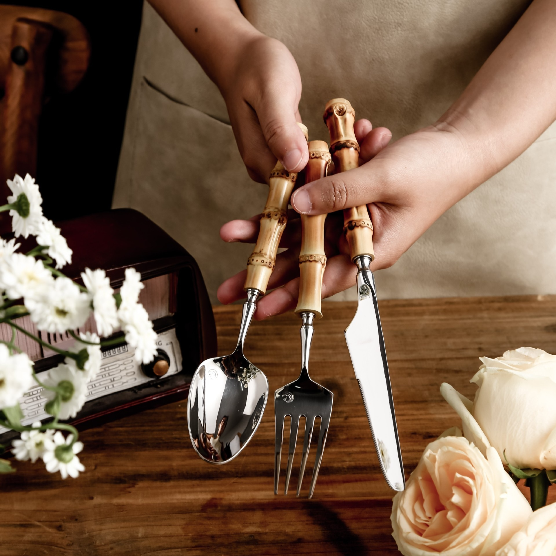 Sagano Natural Bamboo Stainless Steel Cutlery Set Cutlery - Venetto Design Venettodesign.com