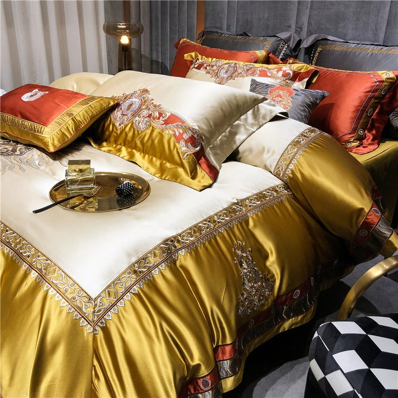 Daniella Gold Damask Embroidered Satin Egyptian Cotton Duvet Cover Set Duvet Cover Set - Venetto Design Venettodesign.com