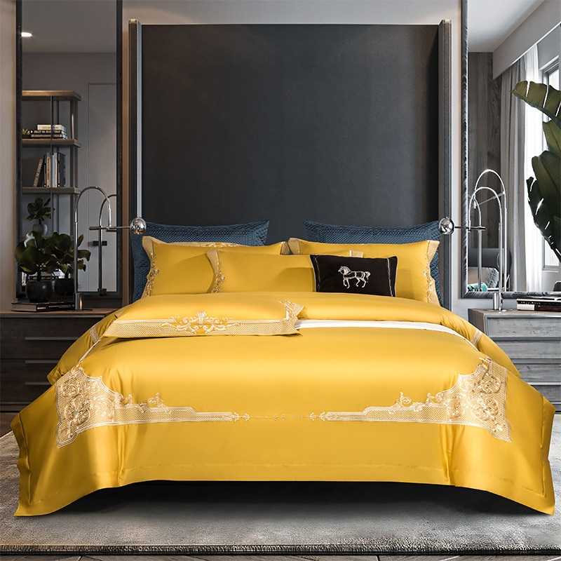 Cleopatra Royal Yellow Luxury Egyptian Cotton Duvet Cover Set Duvet Cover Set - Venetto Design Queen / Flat Sheet / 4 Pieces Venettodesign.com