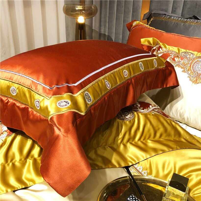 Daniella Gold Damask Embroidered Satin Egyptian Cotton Duvet Cover Set Duvet Cover Set - Venetto Design Venettodesign.com