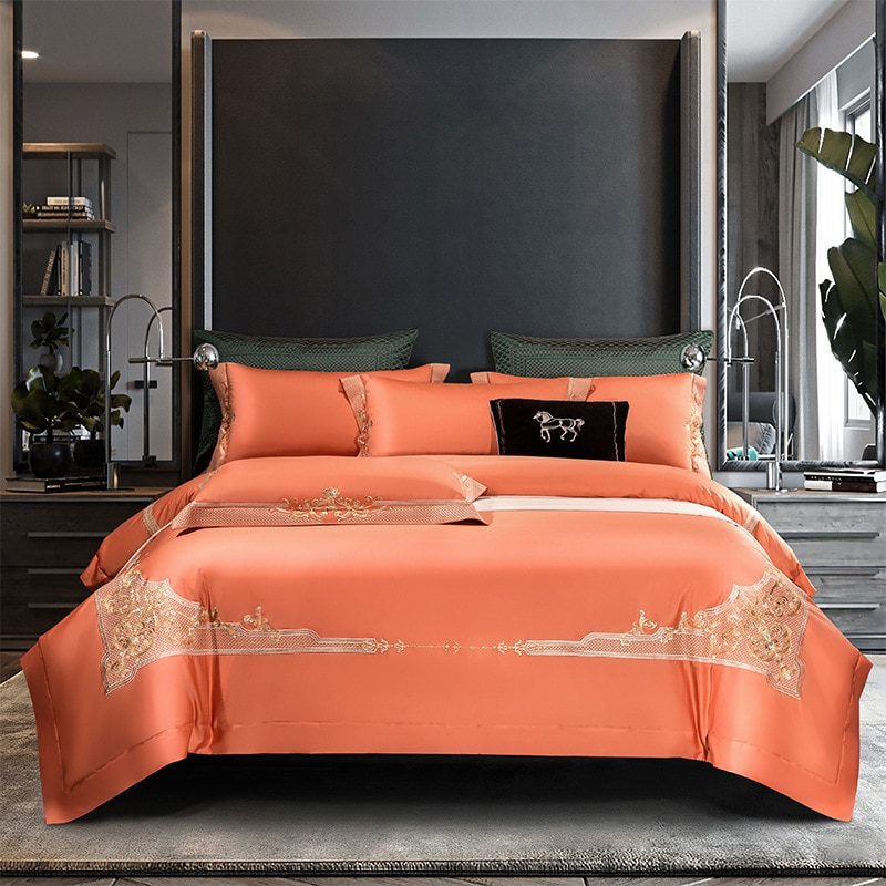 Cleopatra Vivid Tangerine Luxury Egyptian Cotton Duvet Cover Set Duvet Cover Set - Venetto Design Queen / Flat Sheet / 4 Pieces Venettodesign.com