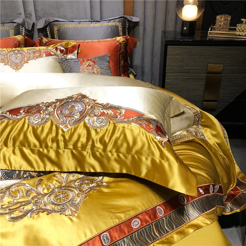 Daniella Gold Damask Embroidered Satin Egyptian Cotton Duvet Cover Set Duvet Cover Set - Venetto Design Venettodesign.com