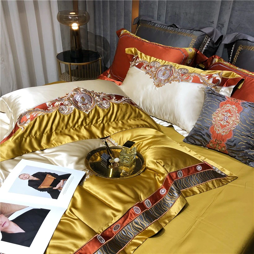 Daniella Gold Damask Embroidered Satin Egyptian Cotton Duvet Cover Set Duvet Cover Set - Venetto Design Venettodesign.com