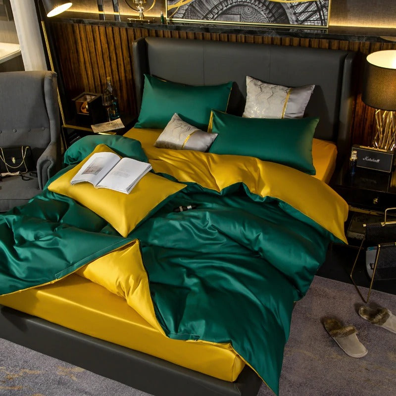 Shemir Emerald Green Gold Reversible Egyptian Cotton Duvet Cover Set Duvet Cover Set - Venetto Design Venettodesign.com