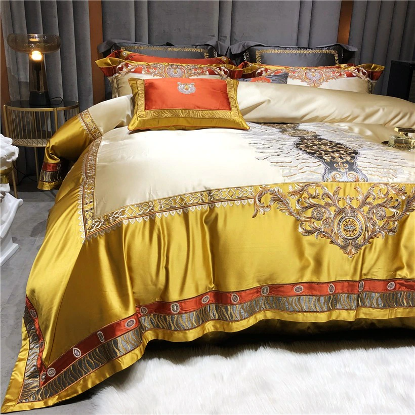 Daniella Gold Damask Embroidered Satin Egyptian Cotton Duvet Cover Set Duvet Cover Set - Venetto Design Venettodesign.com