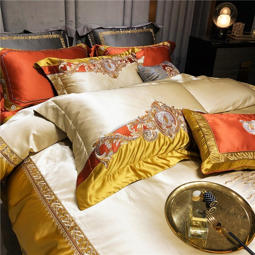 Daniella Gold Damask Embroidered Satin Egyptian Cotton Duvet Cover Set Duvet Cover Set - Venetto Design Venettodesign.com