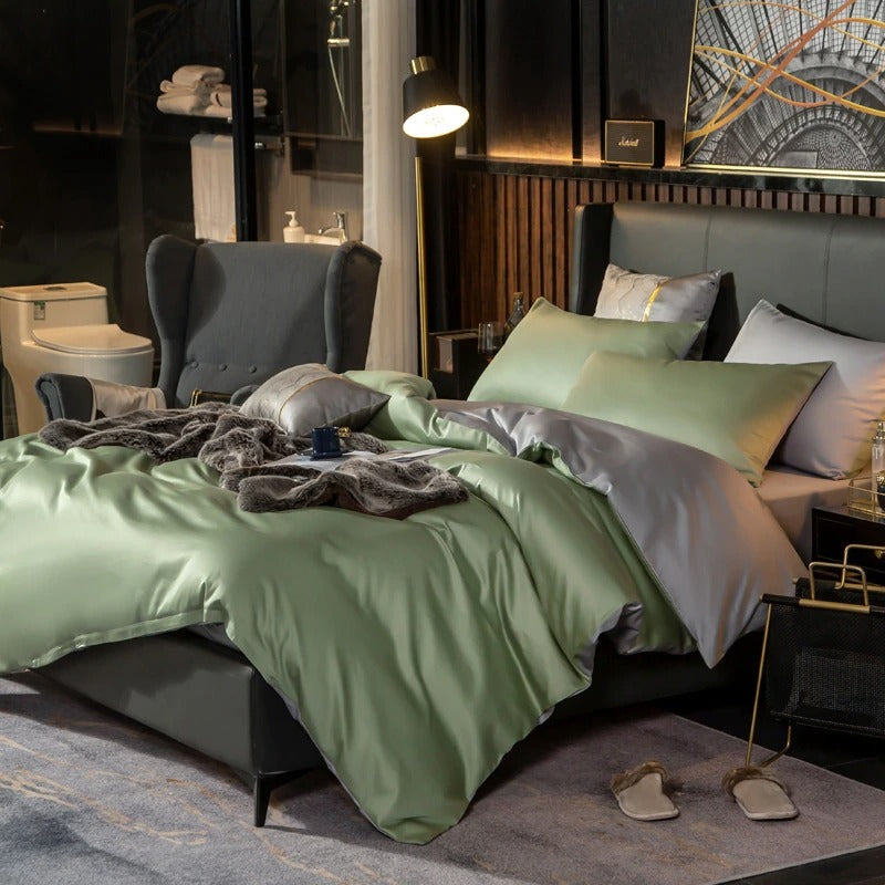 Shemir Light Green Silver Reversible Egyptian Cotton Duvet Cover Set Duvet Cover Set - Venetto Design Venettodesign.com