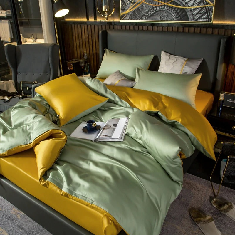 Shemir Light Green Gold Reversible Egyptian Cotton Duvet Cover Set Duvet Cover Set - Venetto Design Venettodesign.com
