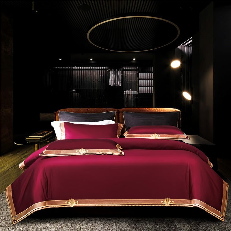 Anahi Red Embroidered Motif Border Egyptian Cotton Duvet Cover Set Duvet Cover Set - Venetto Design Queen / Flat Sheet Venettodesign.com