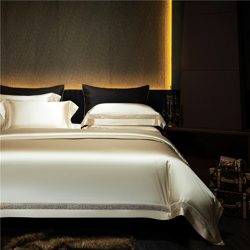 Willa Gold Modern Satin Egyptian Cotton Bedding Set Duvet Cover Set - Venetto Design Double / Flat Sheet / 2 Pillowcases Venettodesign.com