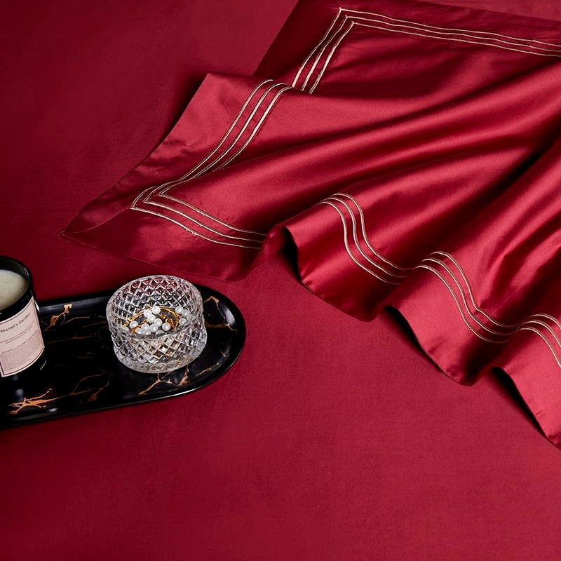 Leila Red Embroidered Edge Egyptian Cotton Duvet Cover Set Duvet Cover Set - Venetto Design Venettodesign.com