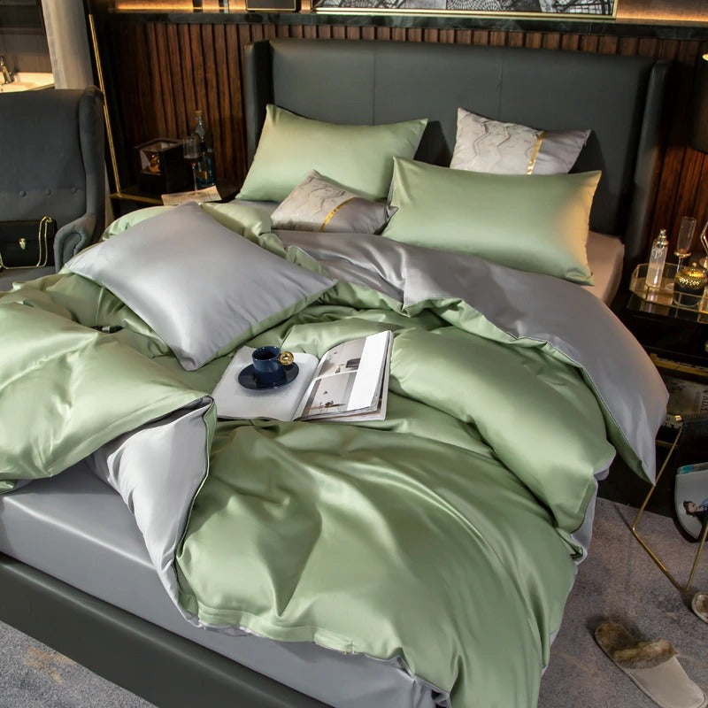Shemir Light Green Silver Reversible Egyptian Cotton Duvet Cover Set Duvet Cover Set - Venetto Design Venettodesign.com