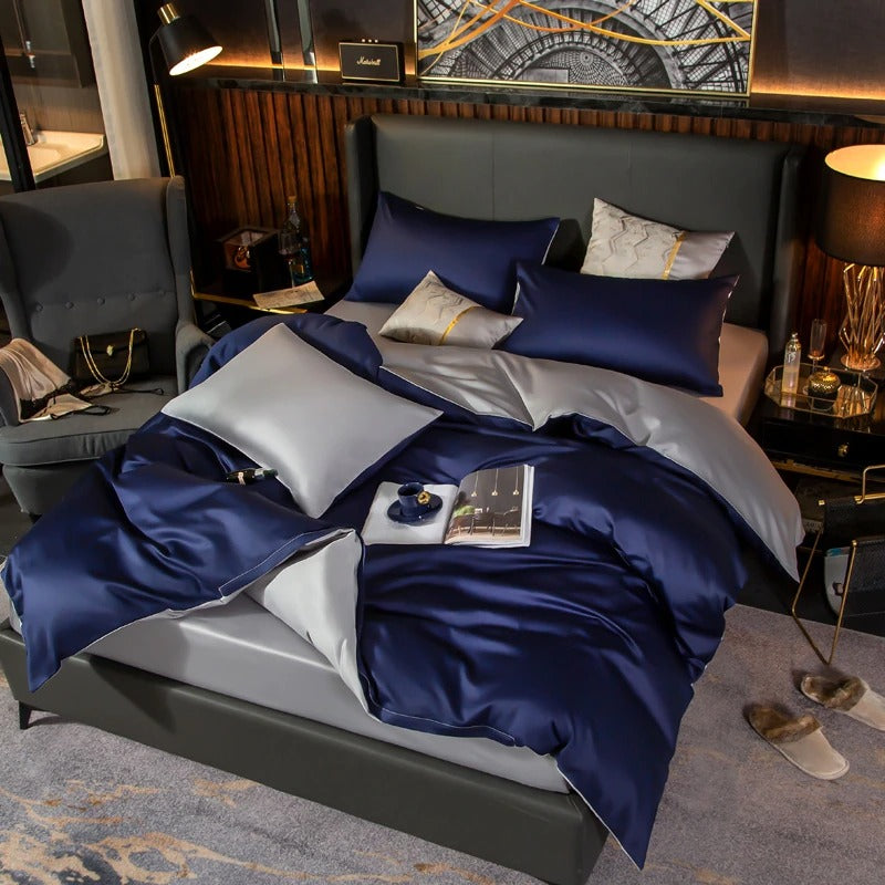 Shemir Royal Blue Silver Reversible Egyptian Cotton Duvet Cover Set Duvet Cover Set - Venetto Design Venettodesign.com