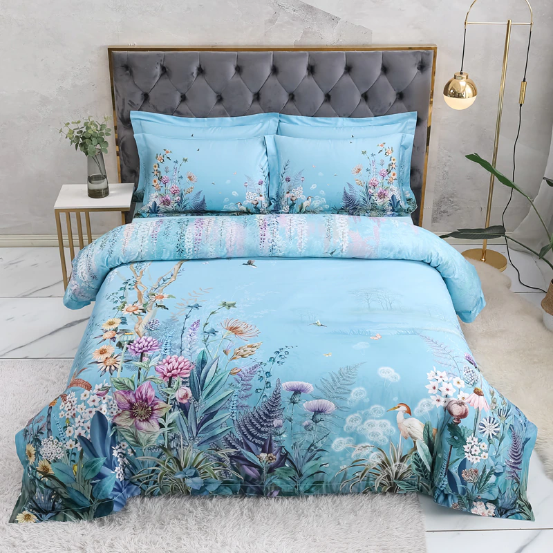 Gianna Sky Blue Egyptian Cotton Duvet Cover Set Duvet Cover Set - Venetto Design Queen / Flat Sheet / 4 Pieces Venettodesign.com