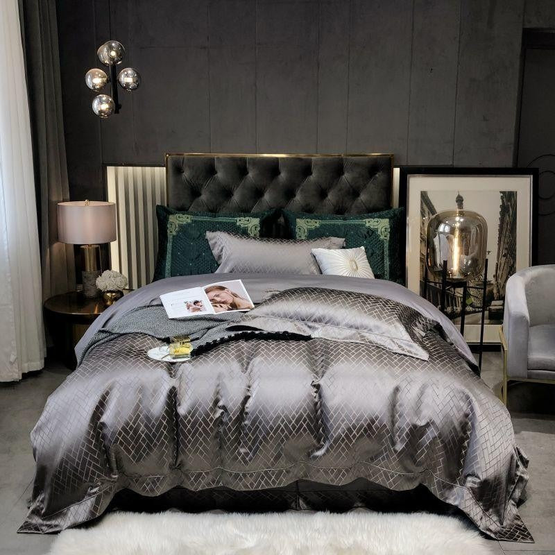 Talia Grey Cotton Satin Duvet Cover Set Duvet Cover Set - Venetto Design Queen / Flat Sheet / 4 Pieces Venettodesign.com