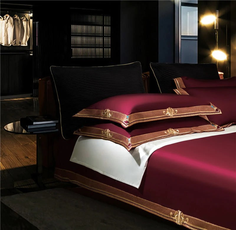 Anahi Red Embroidered Motif Border Egyptian Cotton Duvet Cover Set Duvet Cover Set - Venetto Design Venettodesign.com