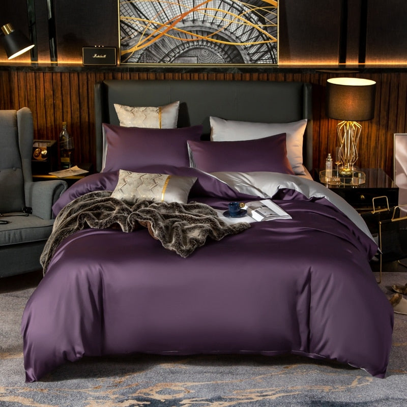 Shemir Purple Grey Reversible Egyptian Cotton Duvet Cover Set Duvet Cover Set - Venetto Design Queen / Fitted Sheet Venettodesign.com