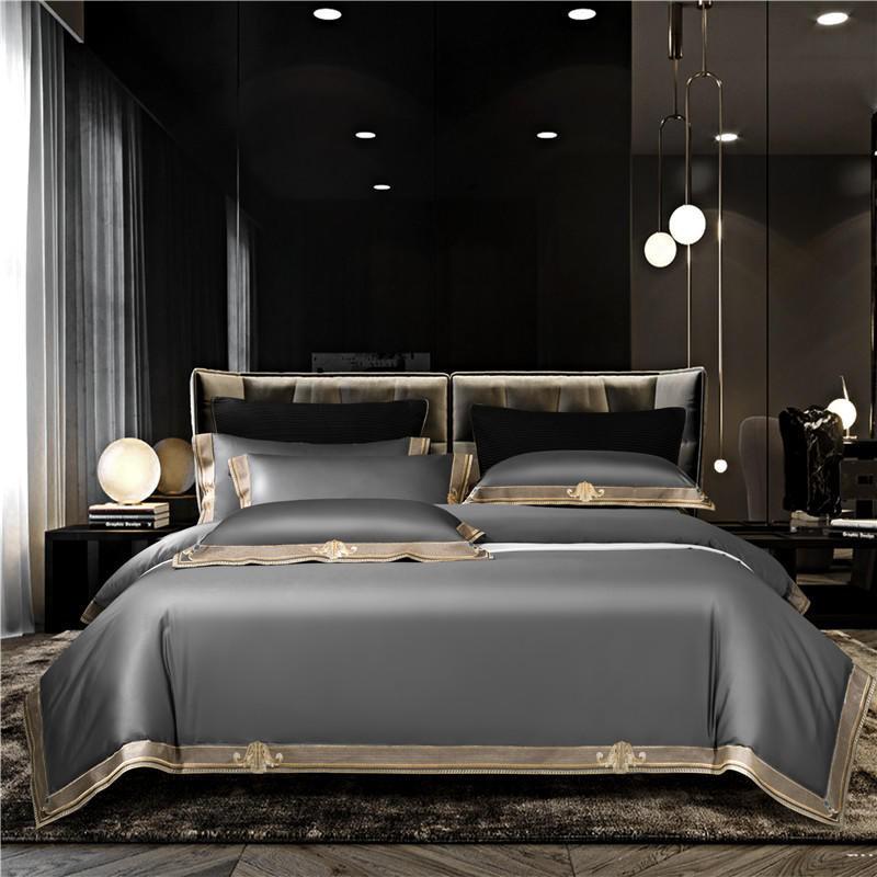 Anahi Grey Embroidered Motif Border Egyptian Cotton Bedding Set Duvet Cover Set - Venetto Design Double / Flat Sheet / 2 Pillowcases Venettodesign.com