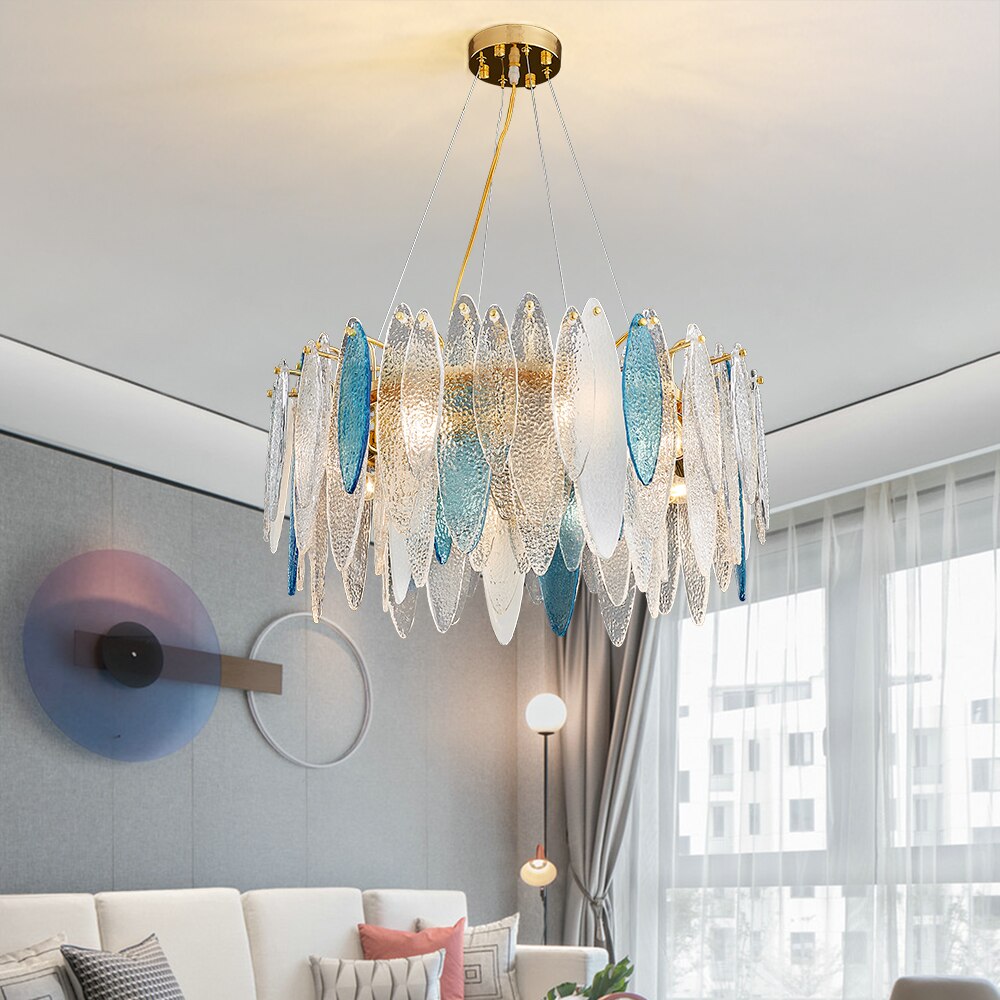 Leslie Frosted Textured Teardrop Glass Ring Chandelier Chandelier - Venetto Design Clear & Blue / Dia60cm / warm light 3000K Venettodesign.com