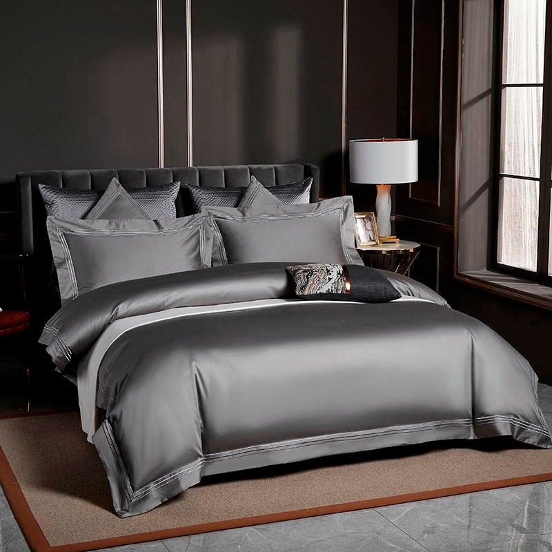 Leila Grey Embroidered Edge Egyptian Cotton Duvet Cover Set Duvet Cover Set - Venetto Design Venettodesign.com
