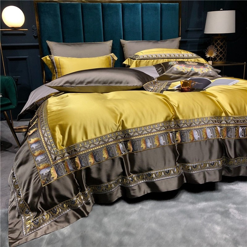 Hadi Embroidered Border Satin Duvet Cover Set Duvet Cover Set - Venetto Design Venettodesign.com