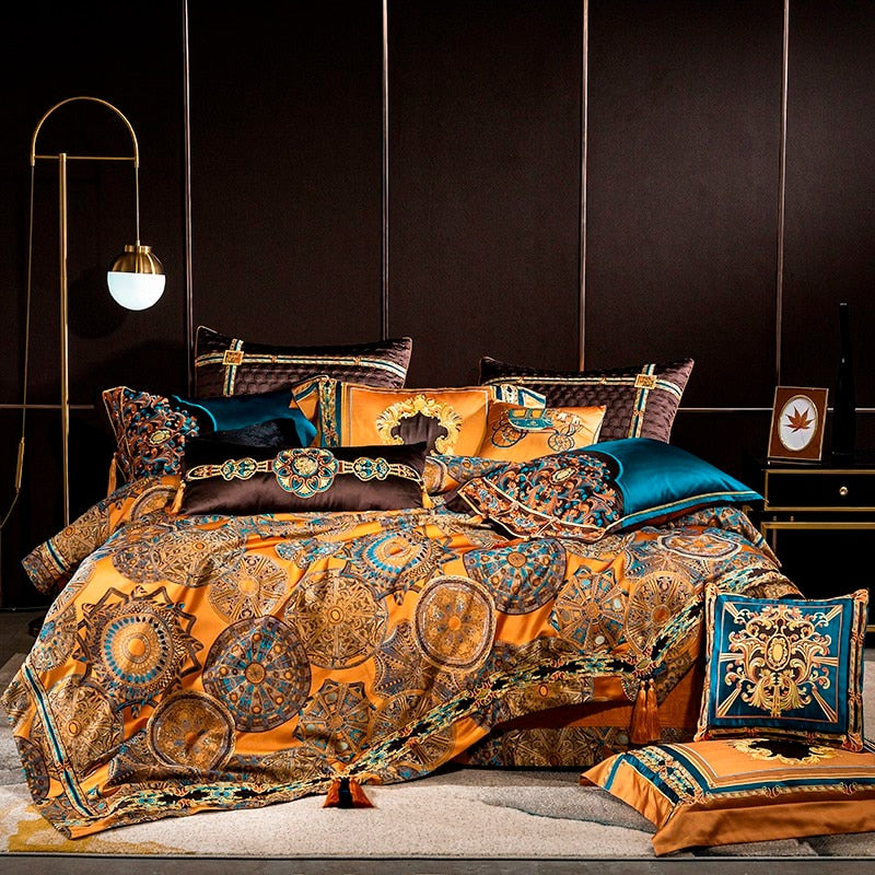 Omera Embroidered Tassel Rounded Jacquard Satin Duvet Cover Set Duvet Cover Set - Venetto Design Venettodesign.com
