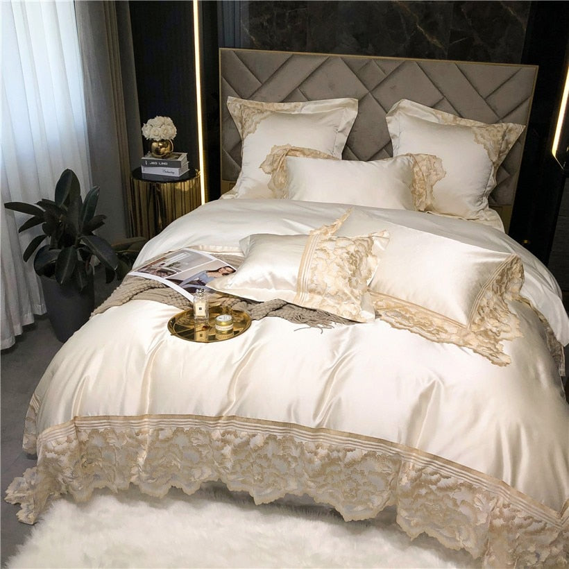 Joanna Scalloped Lace Edge Satin Egyptian Cotton Duvet Cover Set Duvet Cover Set - Venetto Design Venettodesign.com