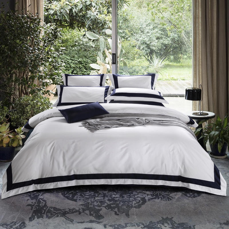 Degella Dark Blue Stripe Egyptian Cotton Luxury White Bedding Set Duvet Cover Set - Venetto Design Double / Flat Sheet / 2 Standard Pillowcases Venettodesign.com